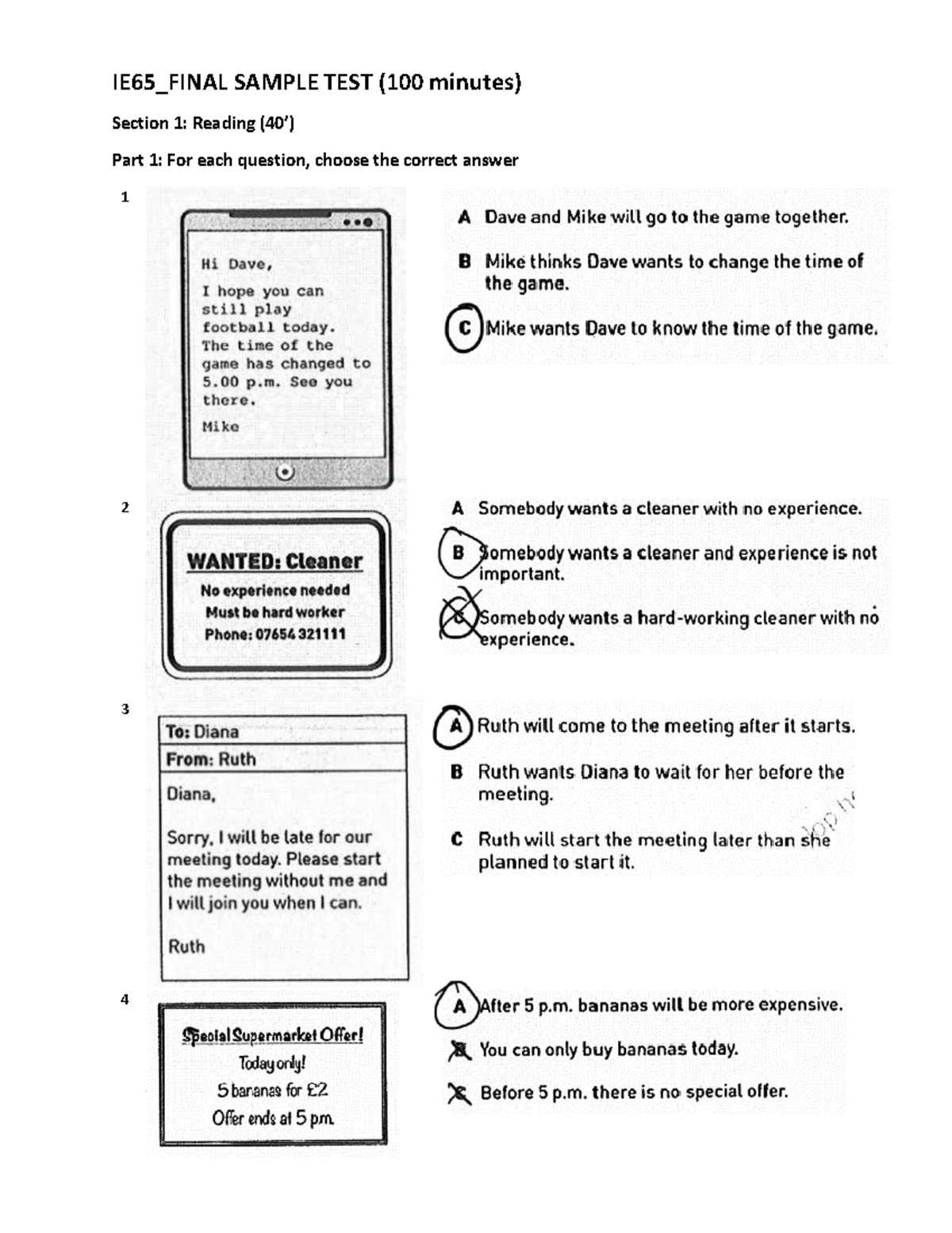 IE65 Final Sample Test: Reading, Listening, and Writing Sections - Studocu