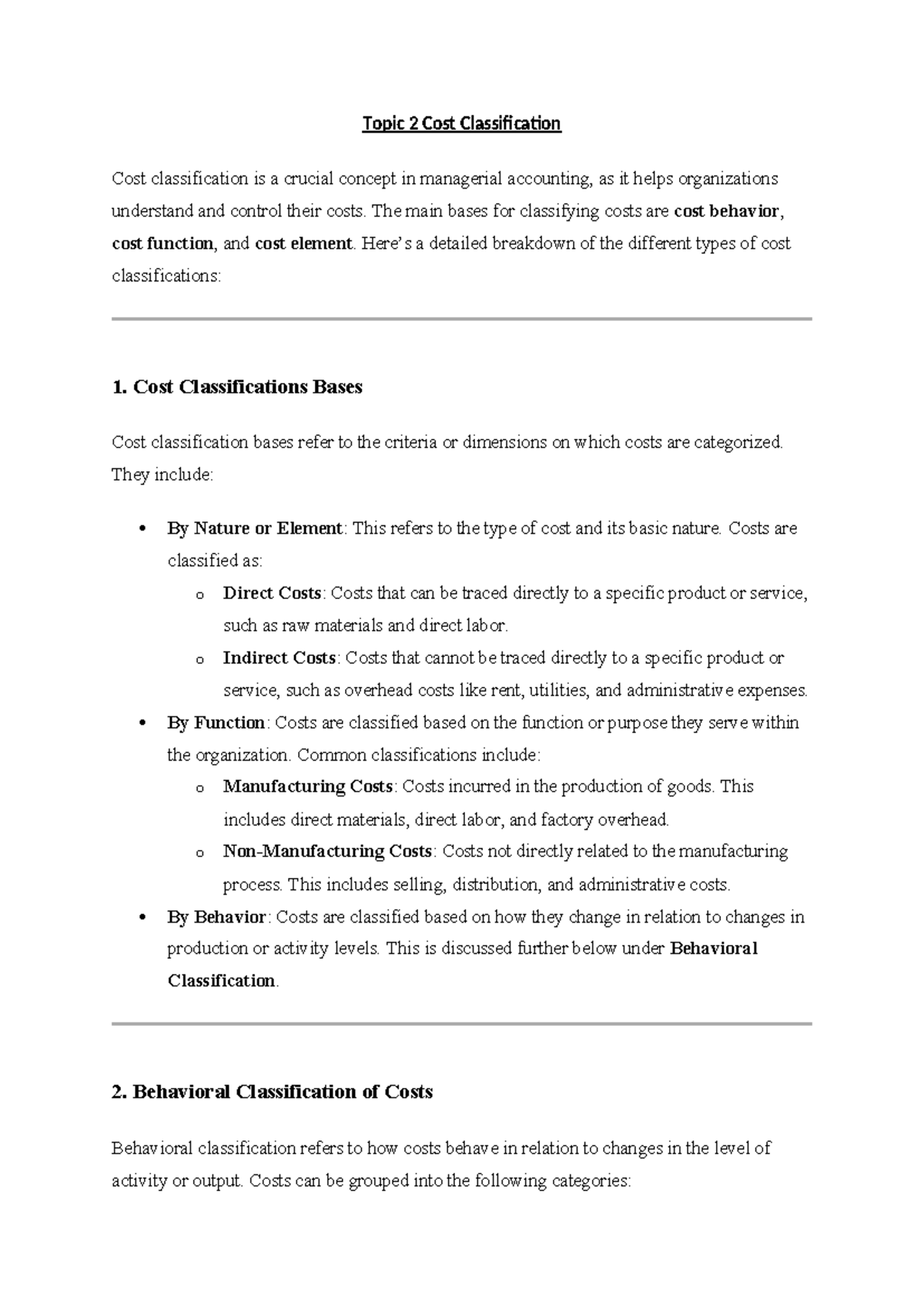 Topic 2 Cost Classification - Topic 2 Cost Classification Cost ...