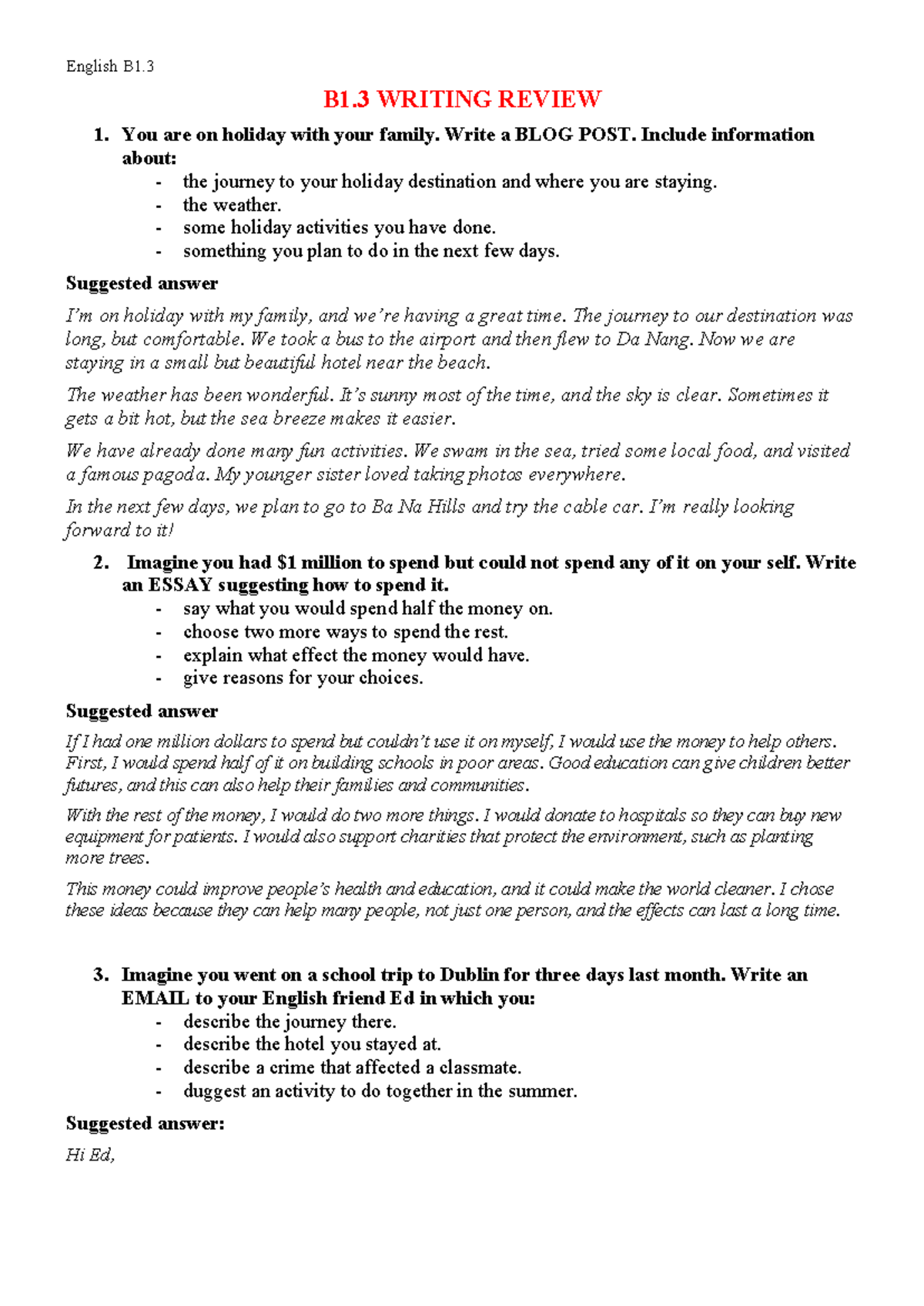 Writing Review - English B1.3: Blog, Essay & Email Tasks - Studocu