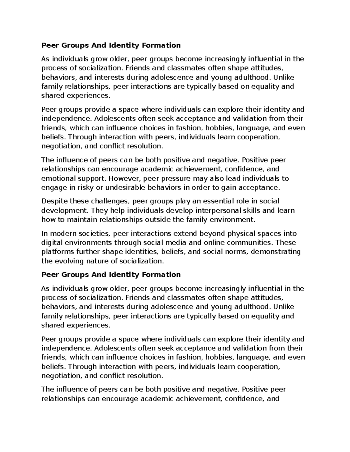 Peer Groups and Identity Formation: The Role of Socialization - Studocu