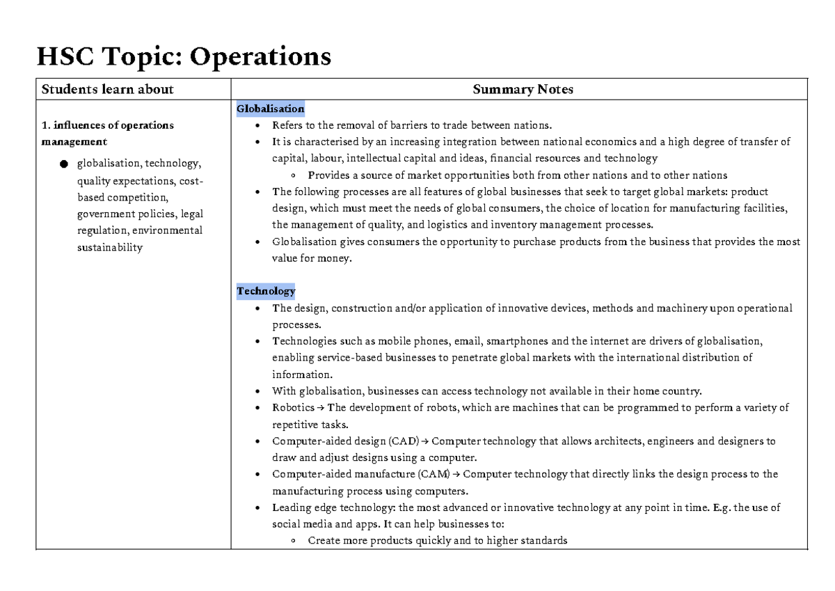 HSC Topic: Operations Management Summary Notes on Globalisation - Studocu