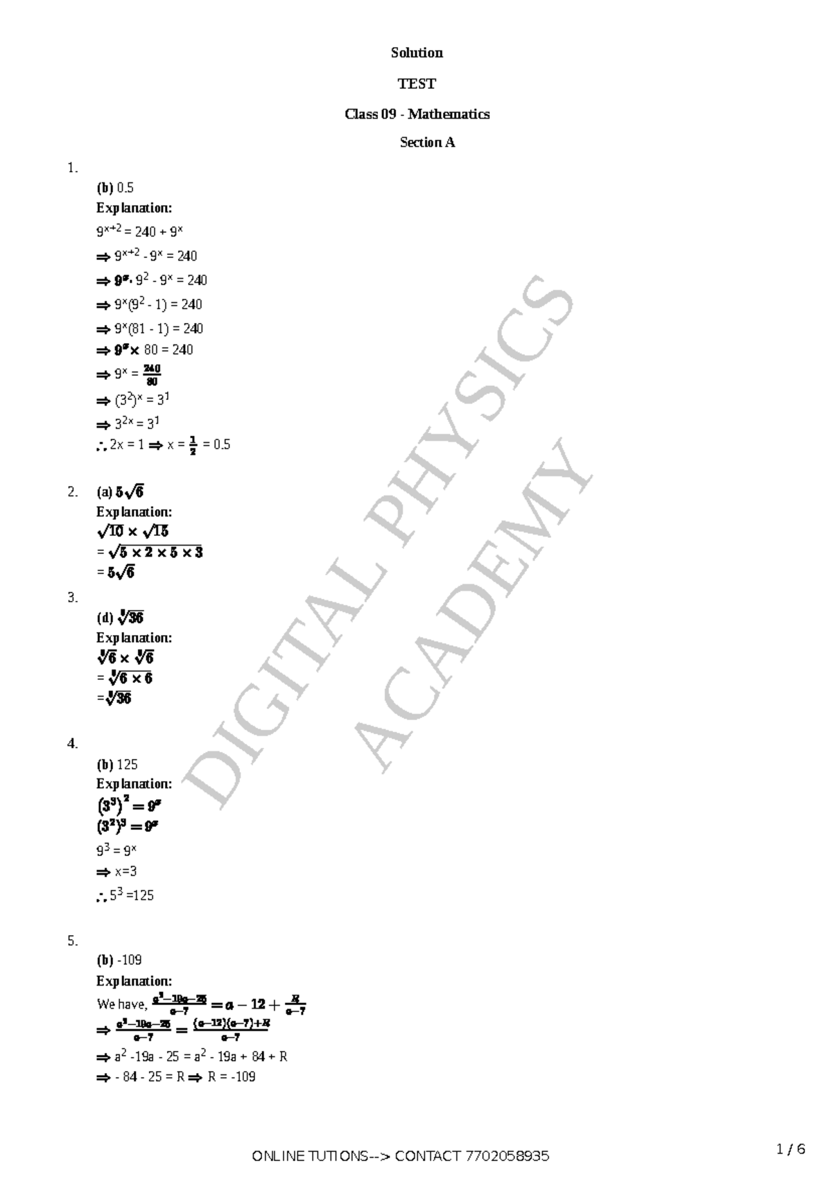 Mathematics Class 09 Solutions for Chapters 2 - Test - Studocu
