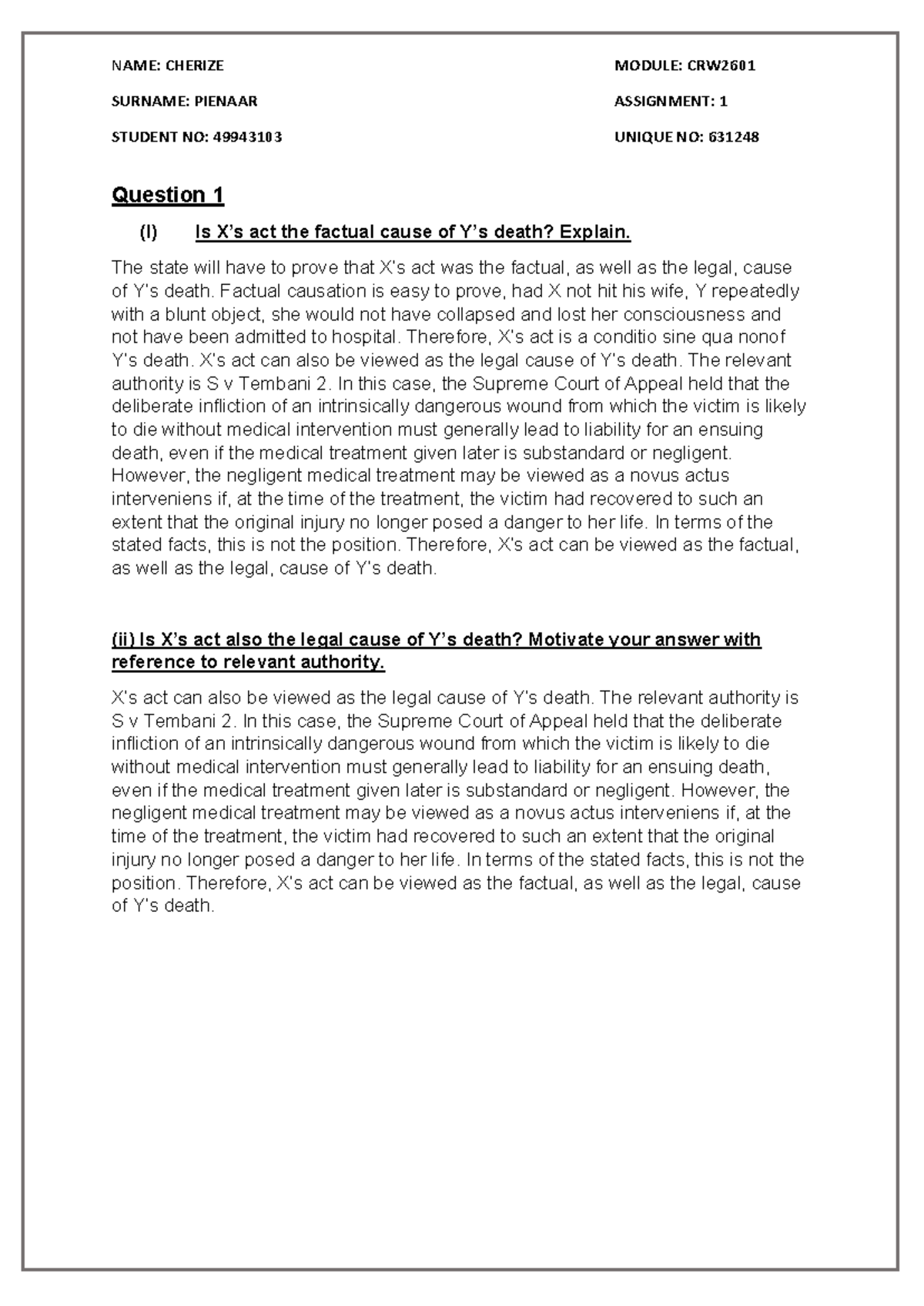 CRW2601 Assignment 1 - QUESTIONS AND ANSWERS - NAME: CHERIZE MODULE ...