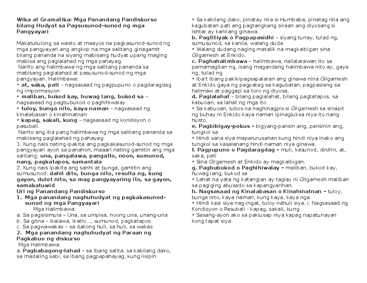 Grade 10 Filipino Notes: Wika at Gramatika Q1 - Studocu