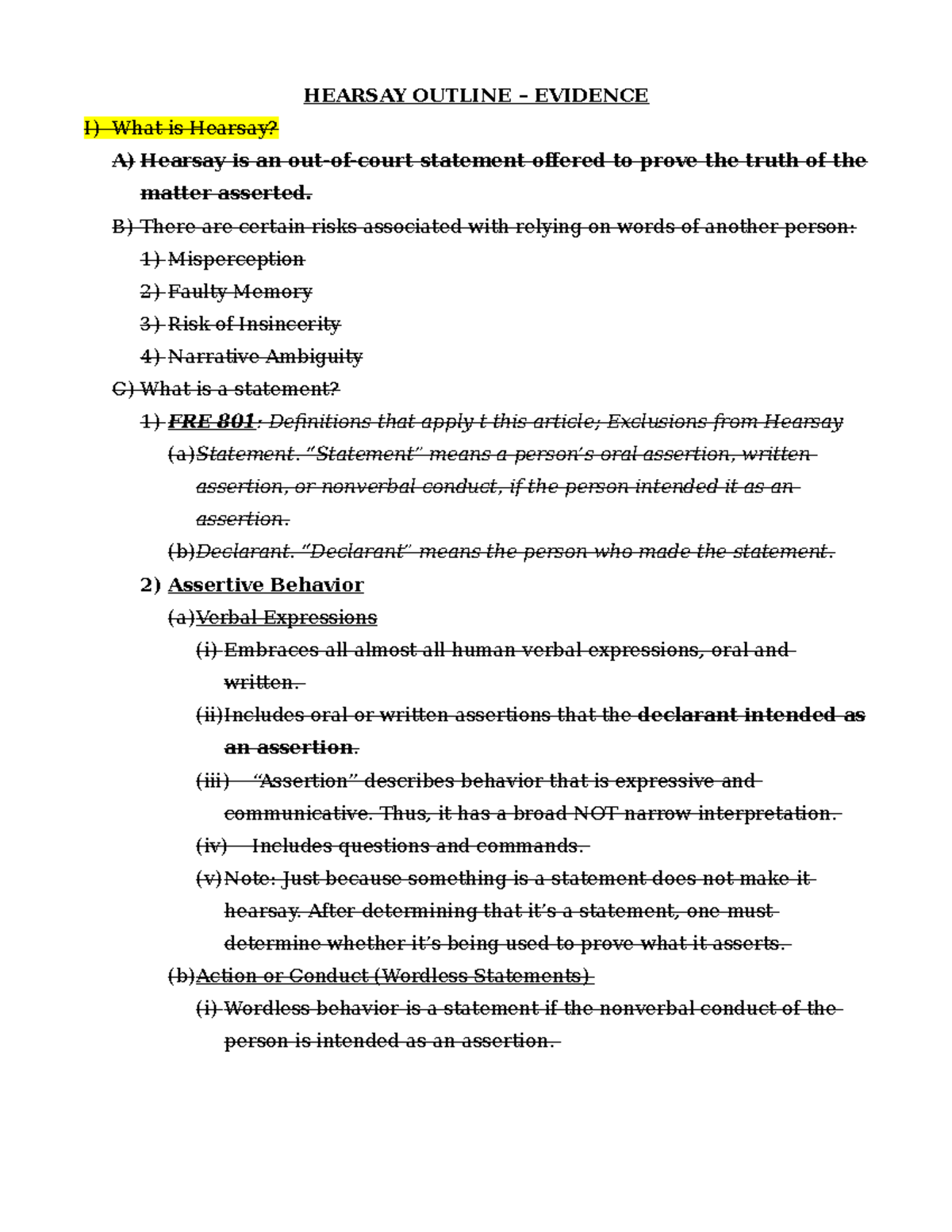 Hearsay Evidence Outline for EVIDENCE Course (Final Exam Notes) - Studocu