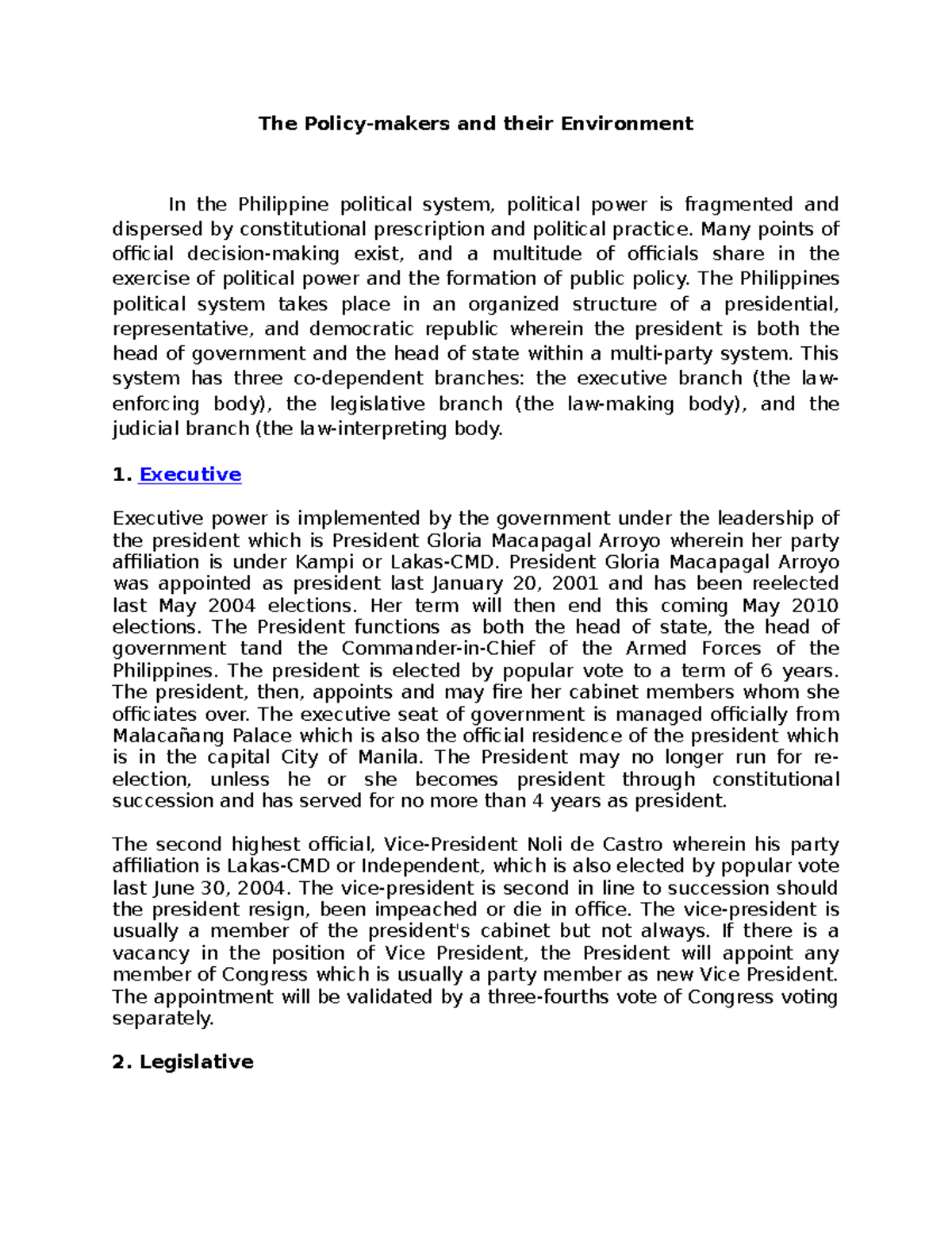 POL 101: Topic 2 - The Role of Policy Makers in the Philippine System ...