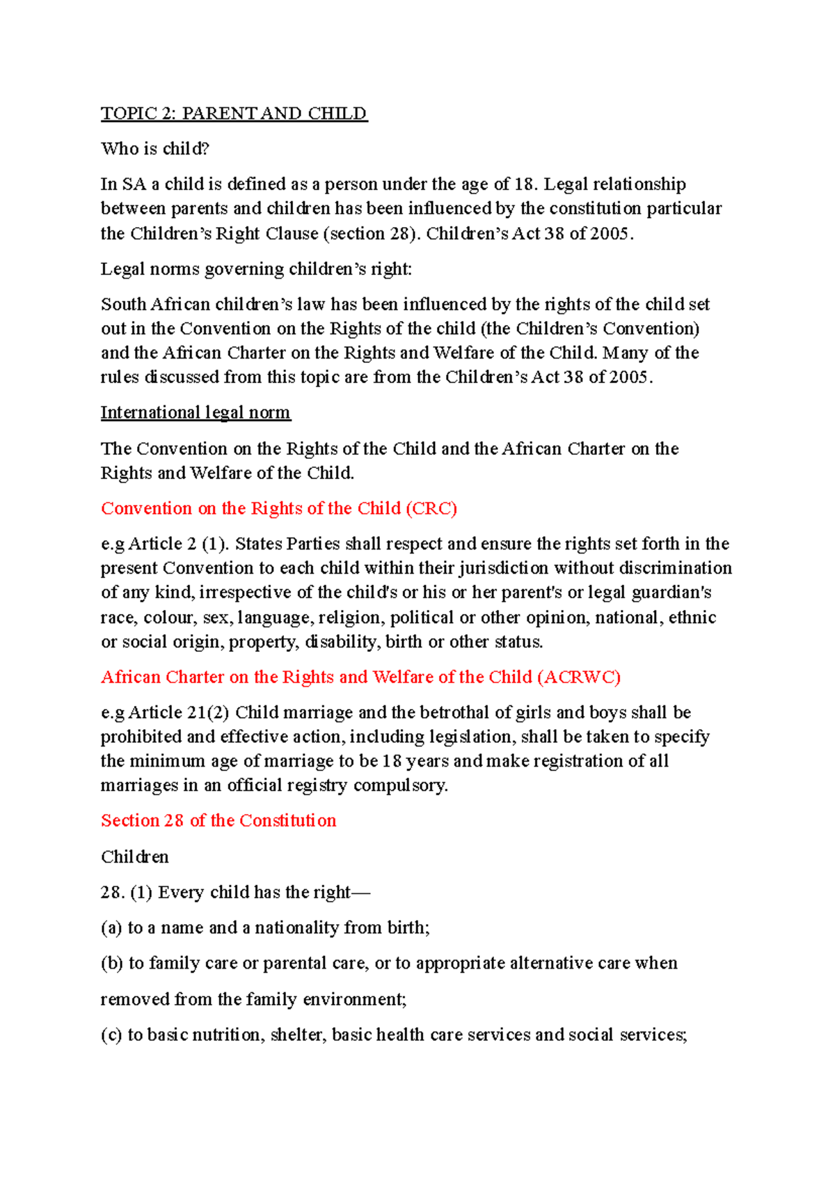 Family law topic 2 - notes summary - TOPIC 2: PARENT AND CHILD Who is ...