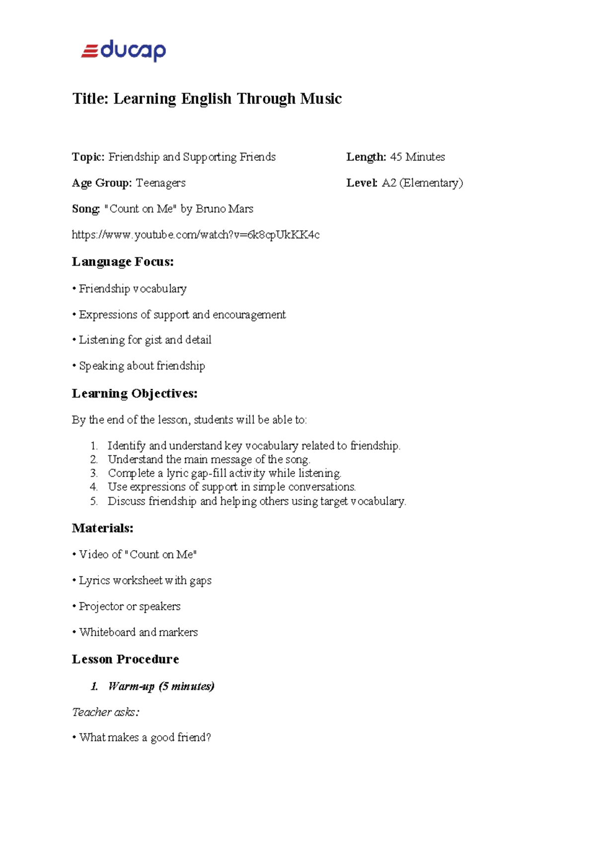 Module 12: Learning English Through Music - Friendship & Support (A2 ...