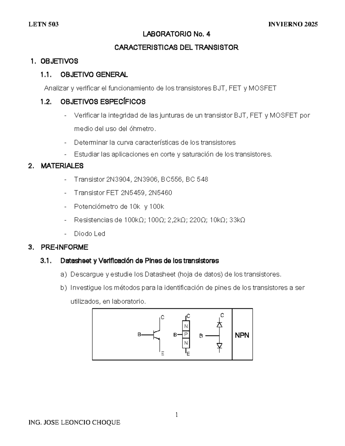 LETN 503 INVIERNO 2025 LABORATORIO 4: CARACTERÍSTICAS DE TRANSISTORES ...