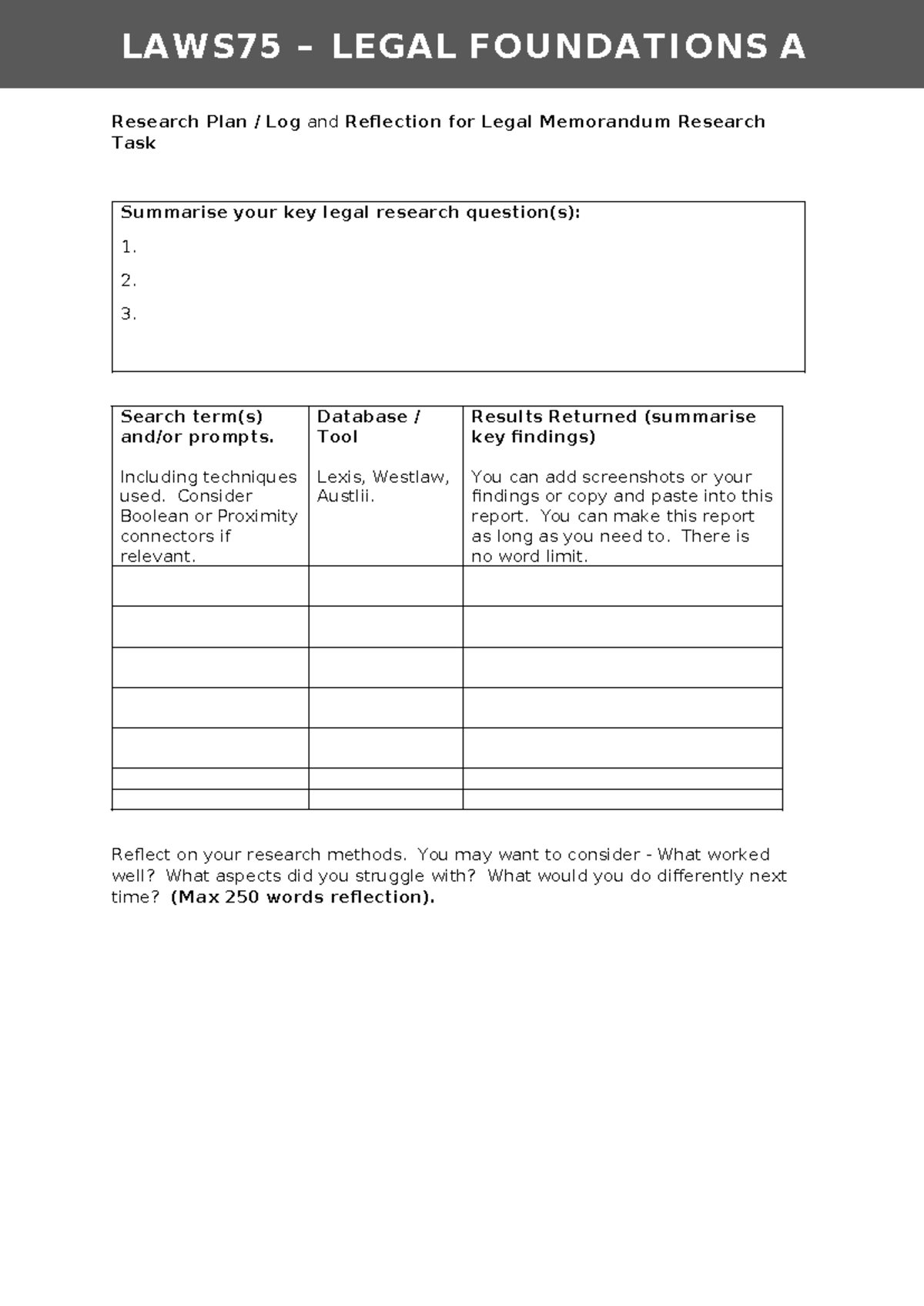 LAWS75 Legal Foundations Research Log & Reflection for Memo Task - Studocu