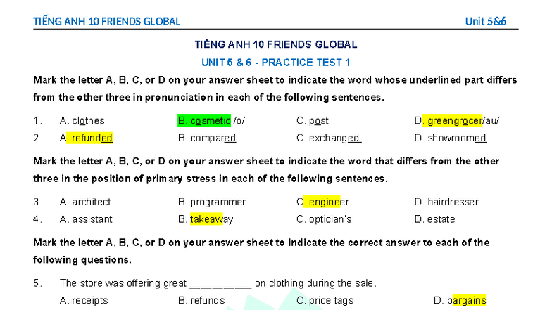 TIẾNG ANH 10 FRIENDS GLOBAL Unit 5 & 6 Practice Test 1 - Studocu
