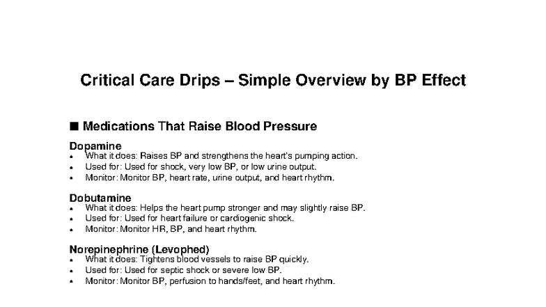Critical Care Drips: BP Effects Overview and Monitoring - Studocu
