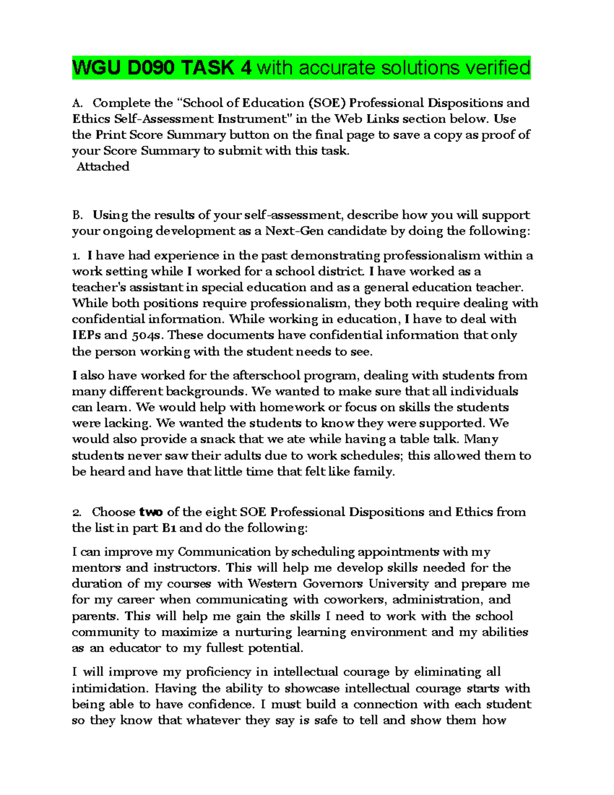 WGU D090 Task 4: Professional Dispositions & Ethics Development - Studocu