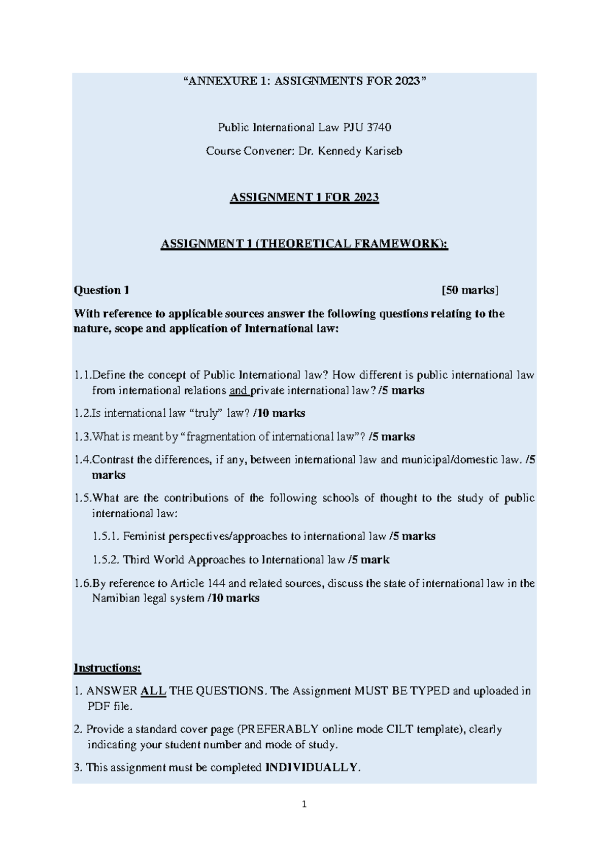 Assignment 1: Theoretical Framework in Public International Law PJU ...