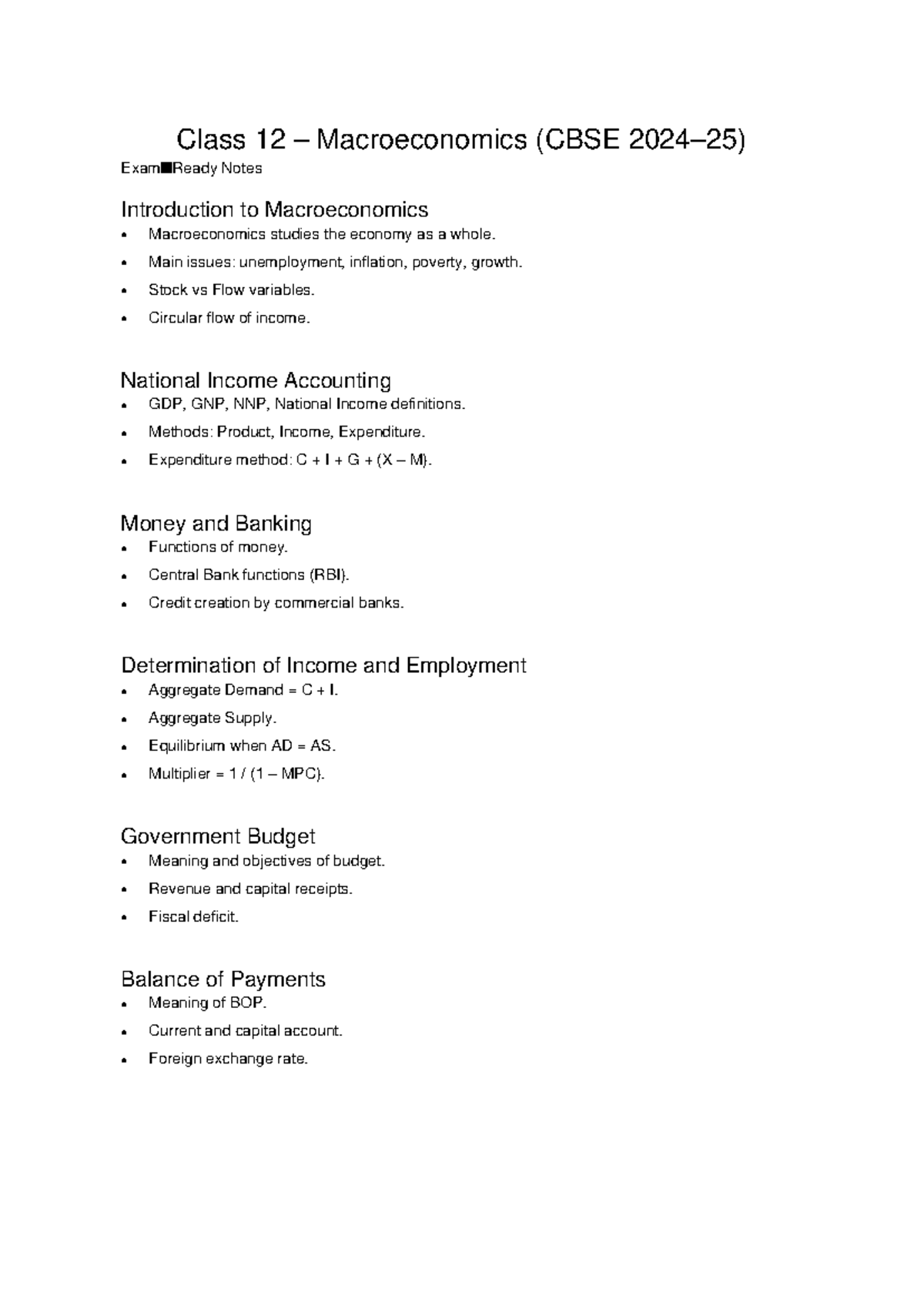 Class 12 Macroeconomics CBSE 2024-25 Final Exam Notes - Studocu