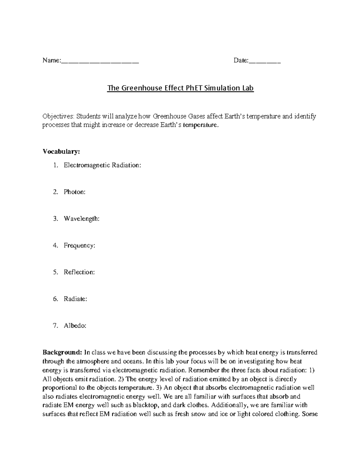 Document 36 - Greenhouse Effect Simulation Lab Notes - Studocu