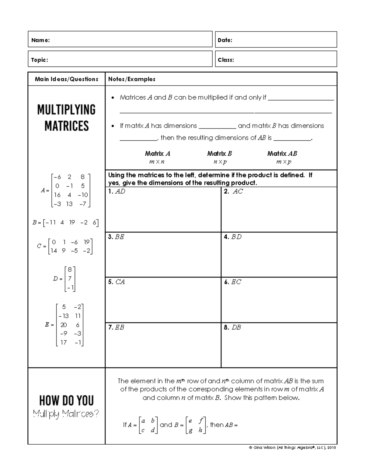 Multiplying Matrices - Llkkkkk - Main Ideas/Questions Notes/Examples 6 ...