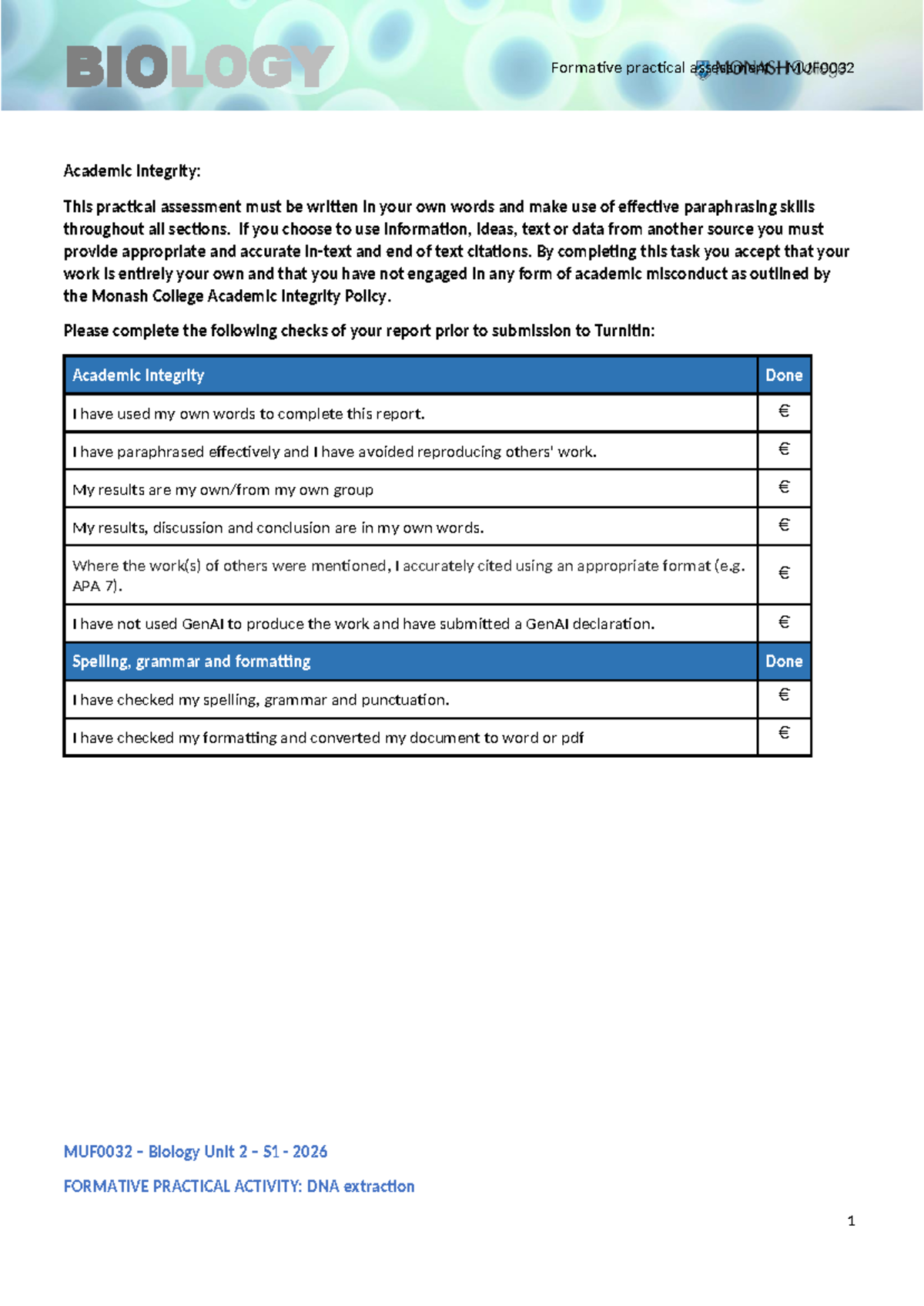 MUF0032 Formative Practical Assessment: DNA Extraction Report S1 2026 ...