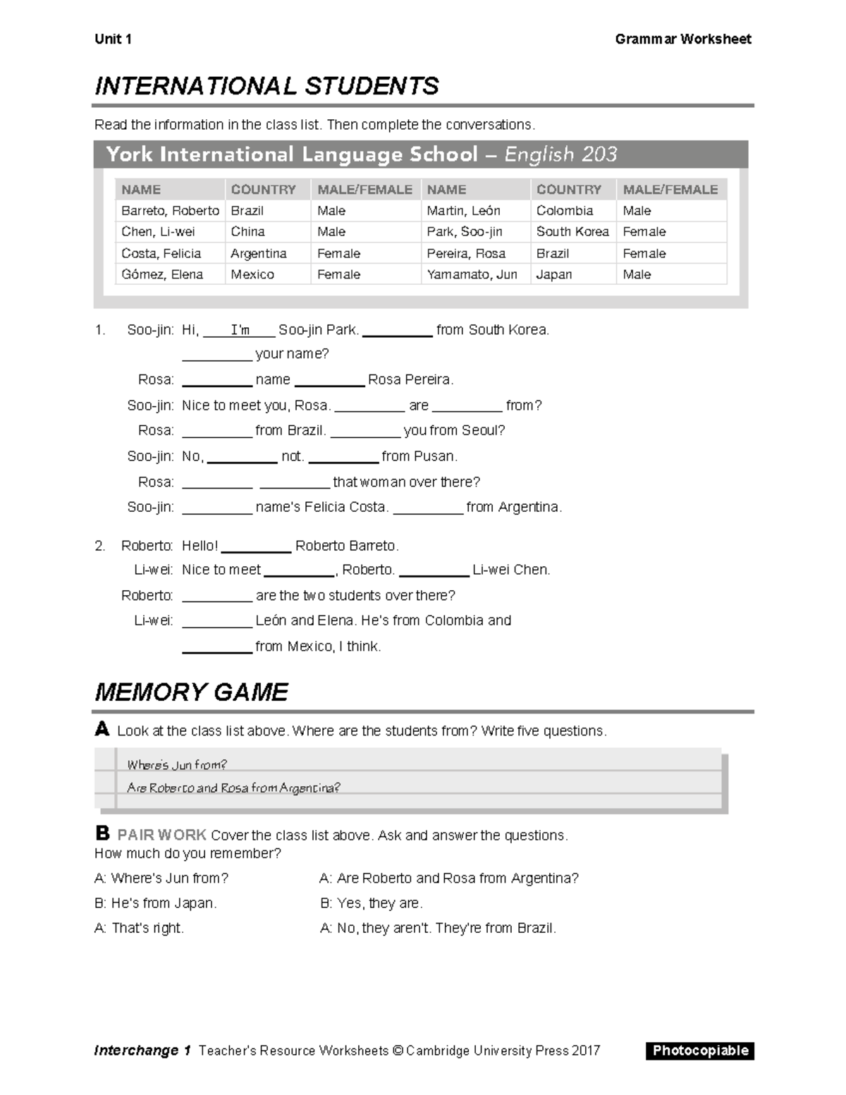 Interchange 5th Ed Level 1 Unit 1 Grammar Worksheet for ESL Students ...