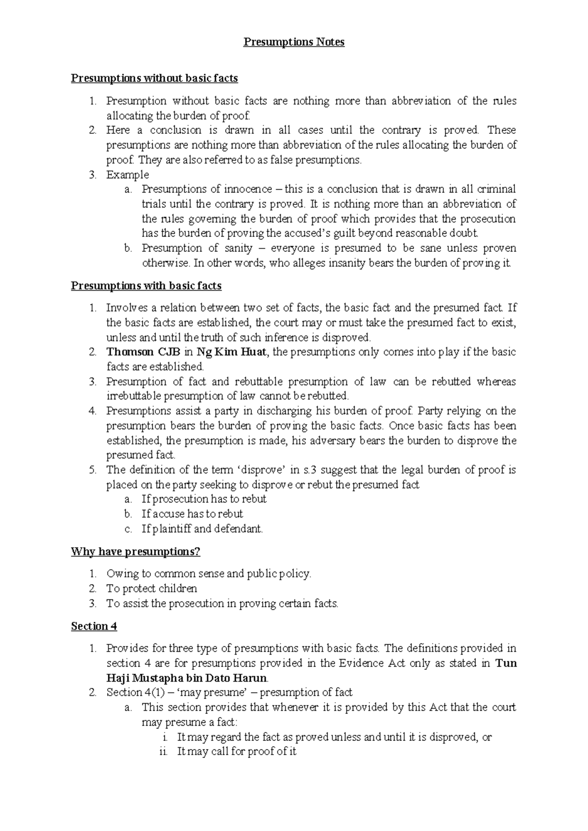 CLP Law of Evidence notes Presumptions - Presumptions without basic ...