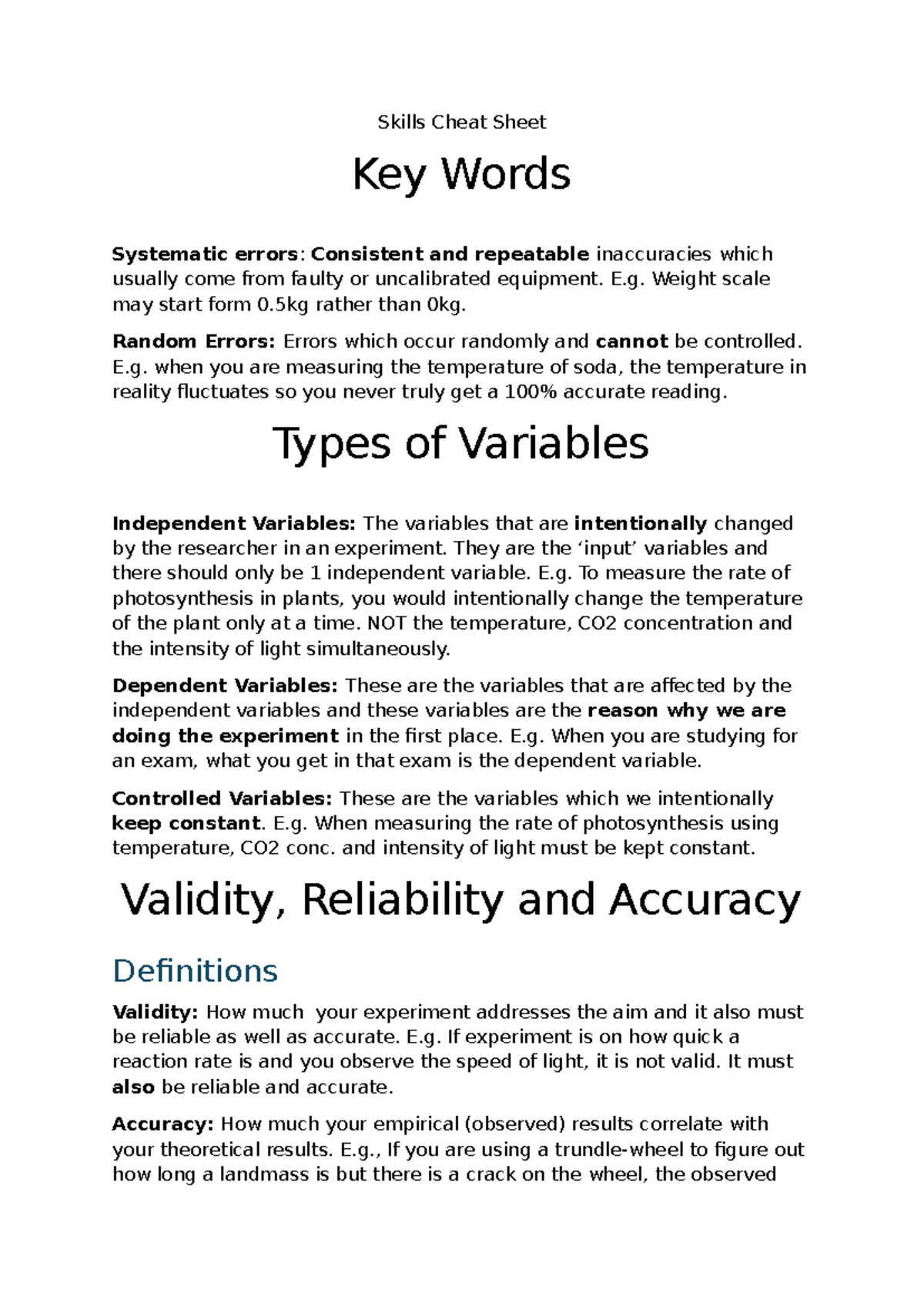 Skills Cheat Sheet: Systematic & Random Errors in Experiments - Studocu
