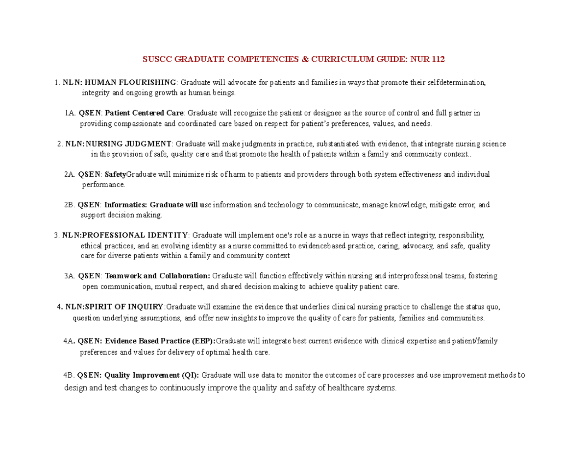 NUR 112 - Graduate Competencies Curriculum Guide Overview - Studocu