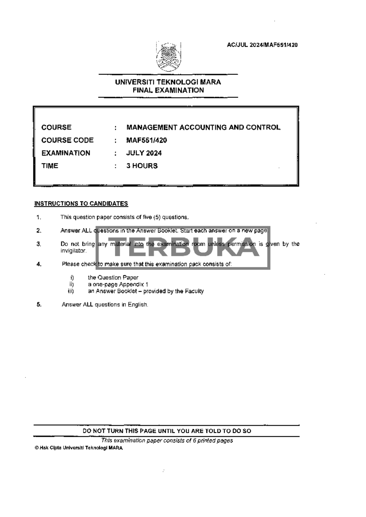 Final Exam - Management Accounting and Control (MAF551) July 2024 - Studocu