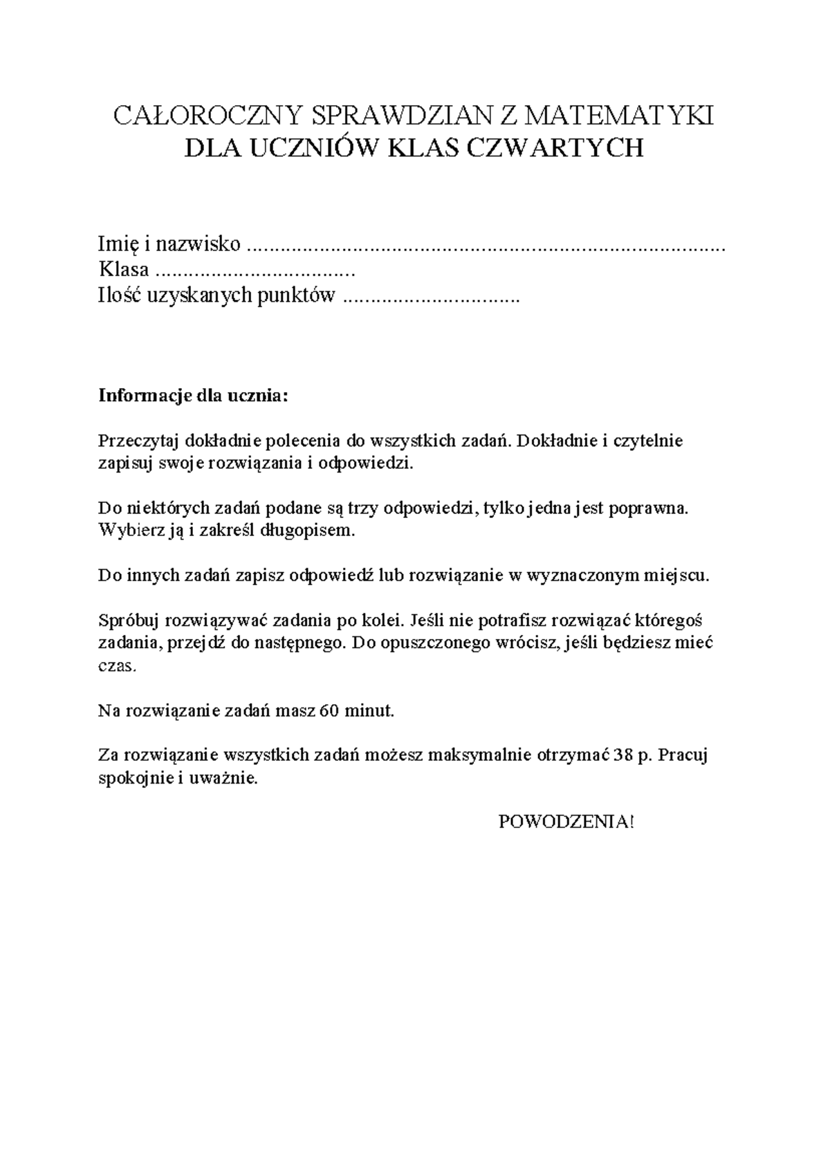 Całoroczny Sprawdzian z Matematyki dla Kl. Czwartych - Studocu
