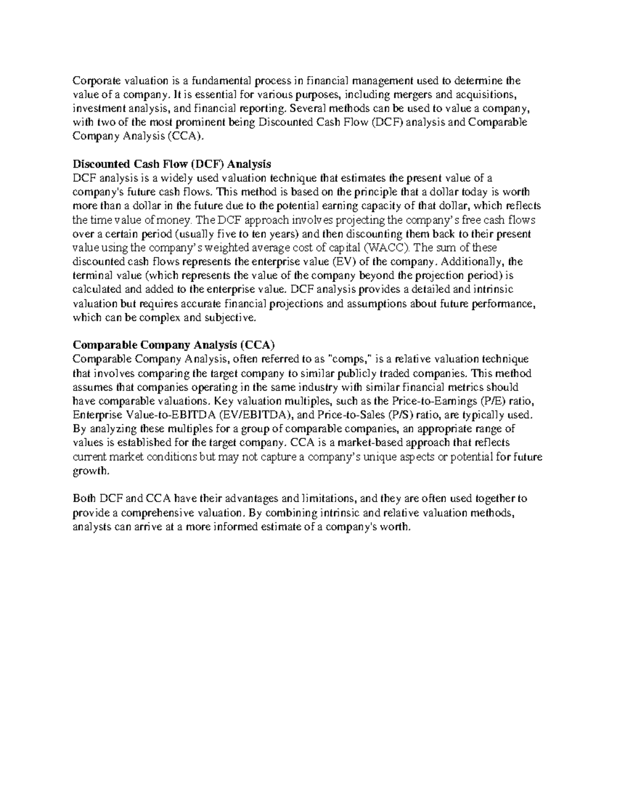 Corporate Valuation: DCF and CCA Analysis Overview - Studocu