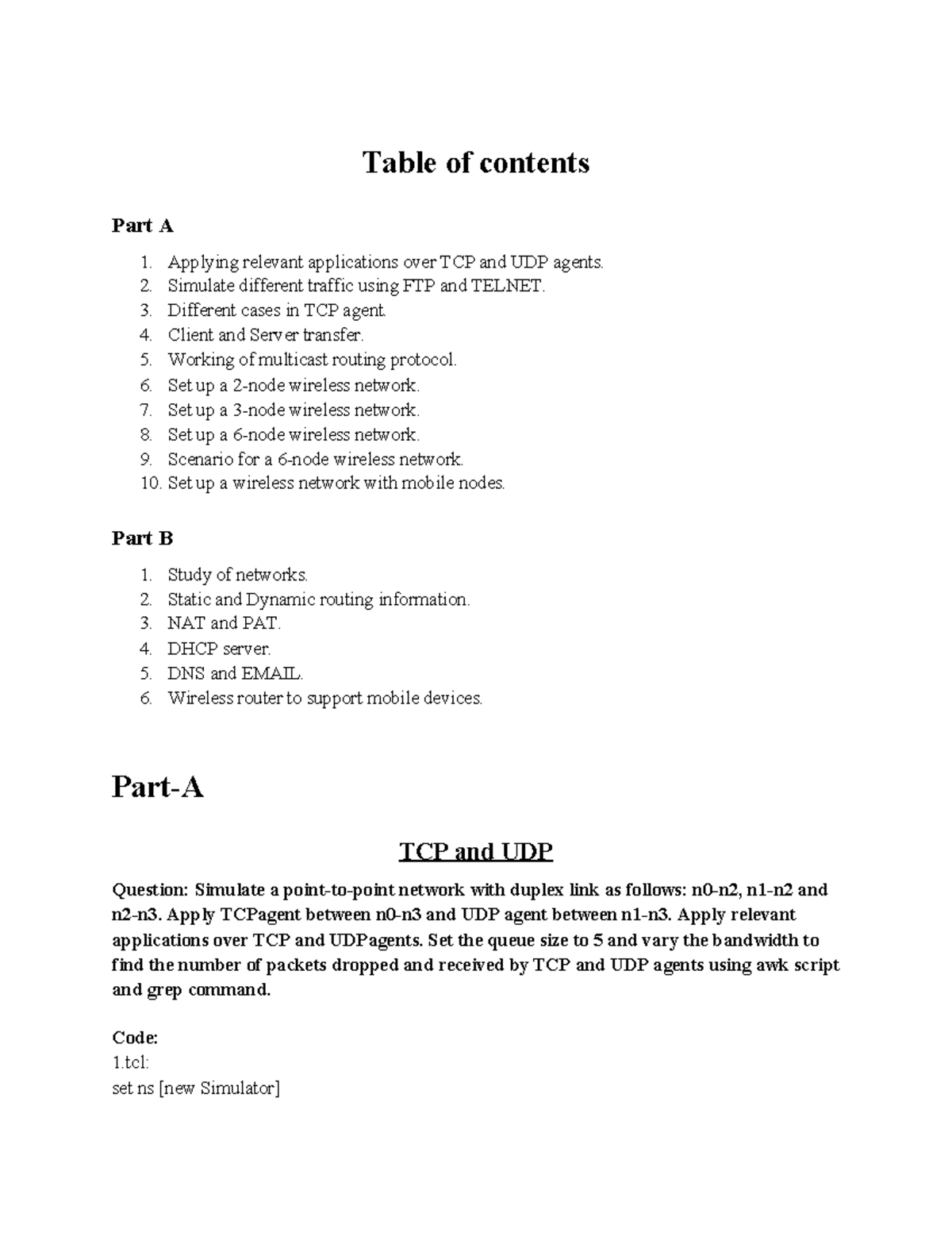 Part A - TCP/UDP Simulations and Wireless Network Setup in NS2 - Studocu