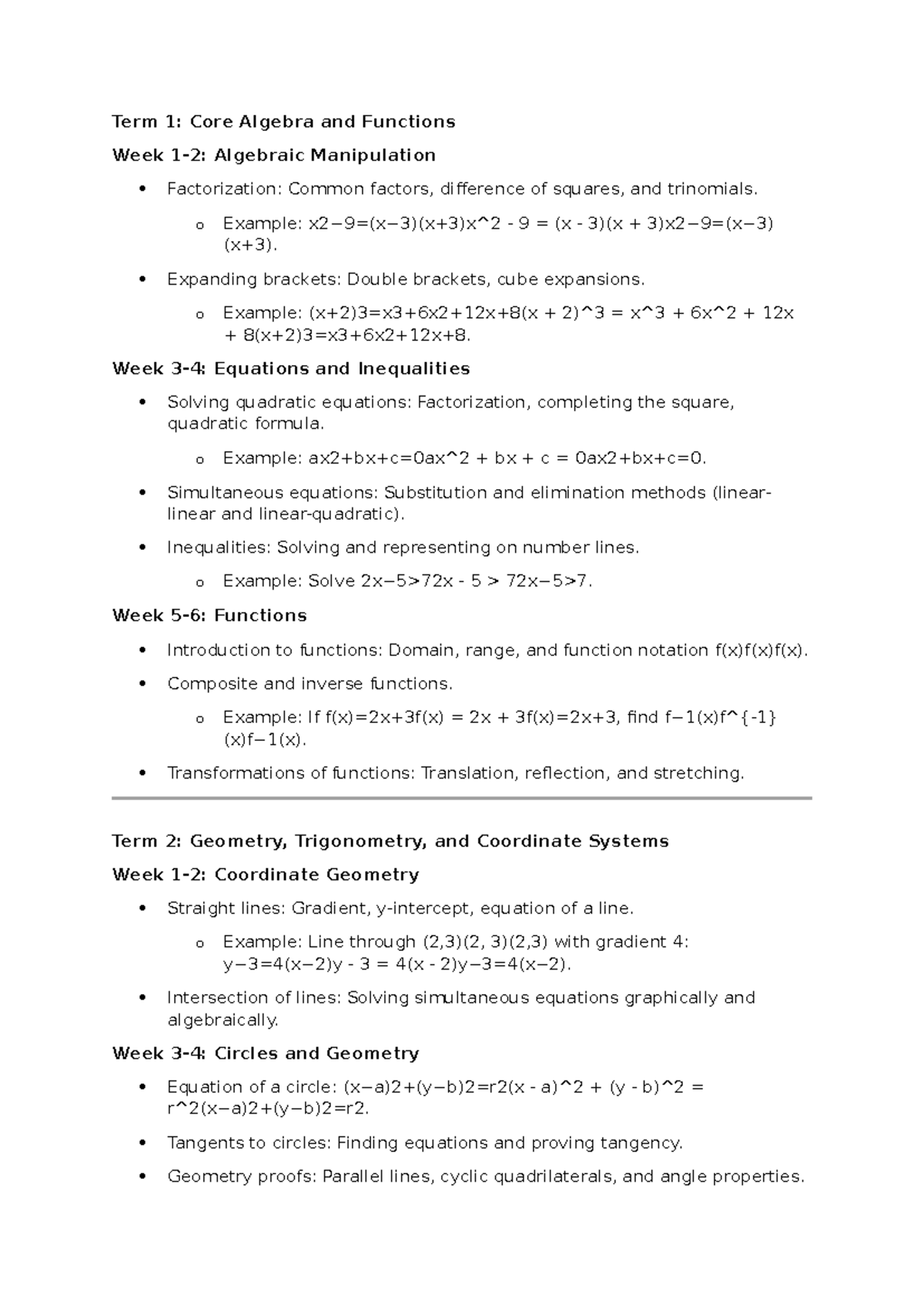Notes - Term 1: Core Algebra and Functions Week 1-2: Algebraic ...