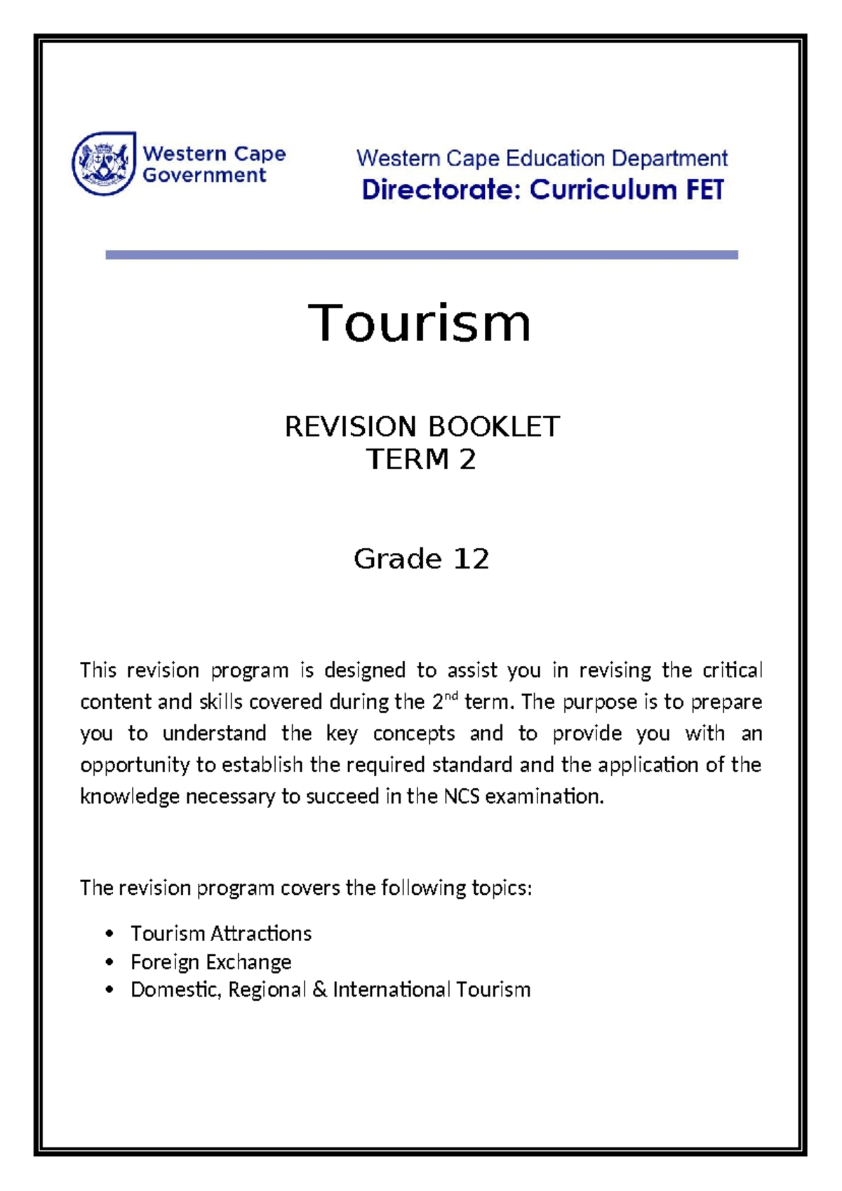 Grade 12 Tourism Term 2 Revision Booklet: Key Concepts & Skills - Studocu