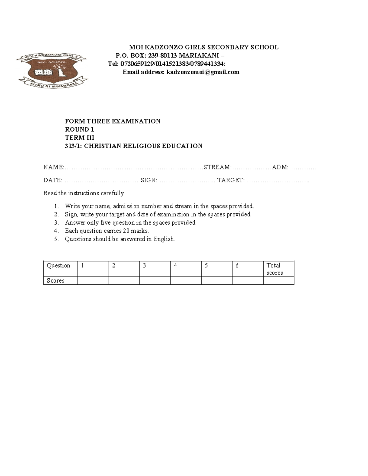 F3 CRE Term 1 Exam Paper - Class Assignment - Studocu