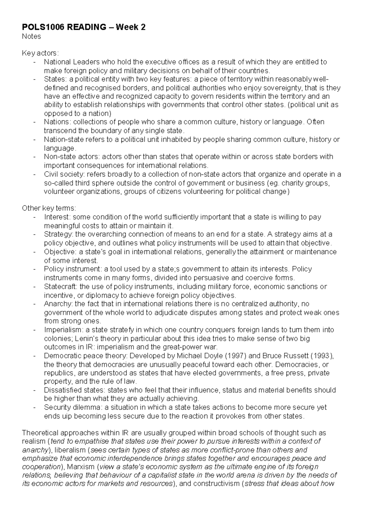 POLS1006 Week 2 Reading Notes: Key Concepts in International Relations ...