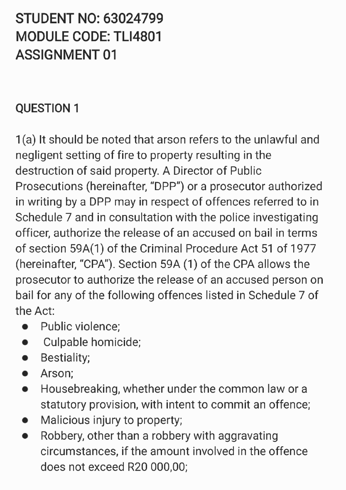 Assignment 01 - TLI4801: Understanding Arson and Bail Procedures