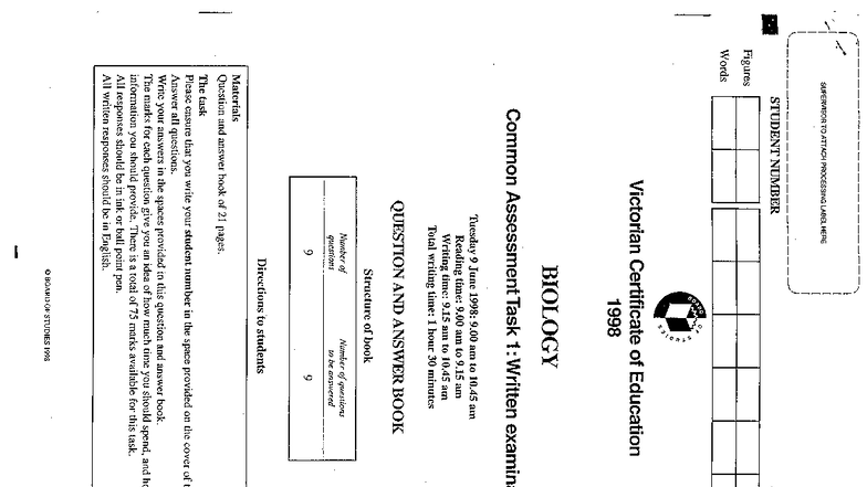 BIOL CAT 1 1998 VCE Biology Common Assessment Task 1 Exam - Studocu
