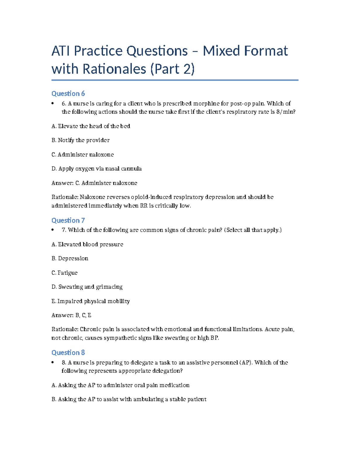 ATI Pain Management Practice Questions with Rationales (Part 2) - Studocu