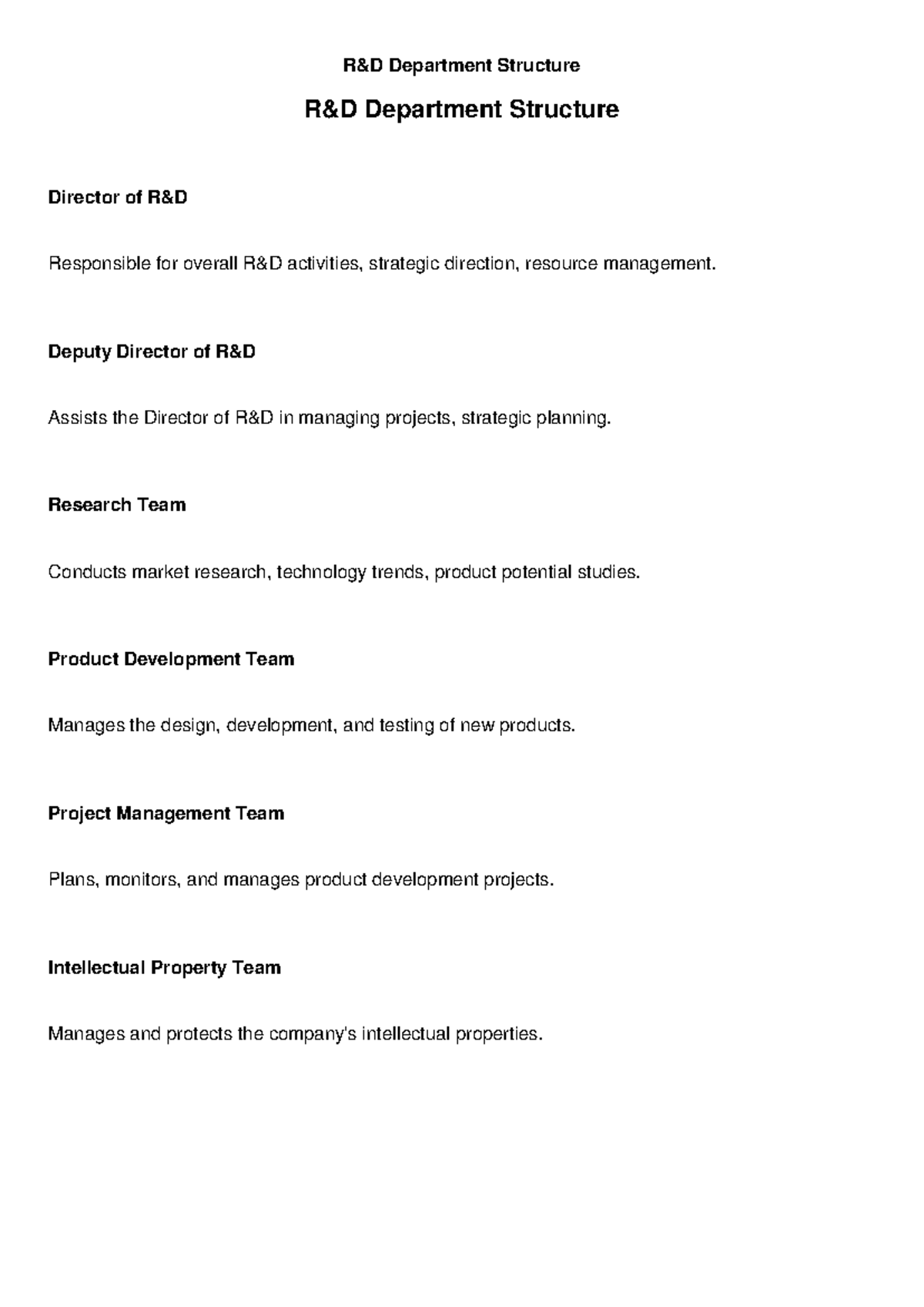 RD Department Structure - R&D Department Structure R&D Department ...
