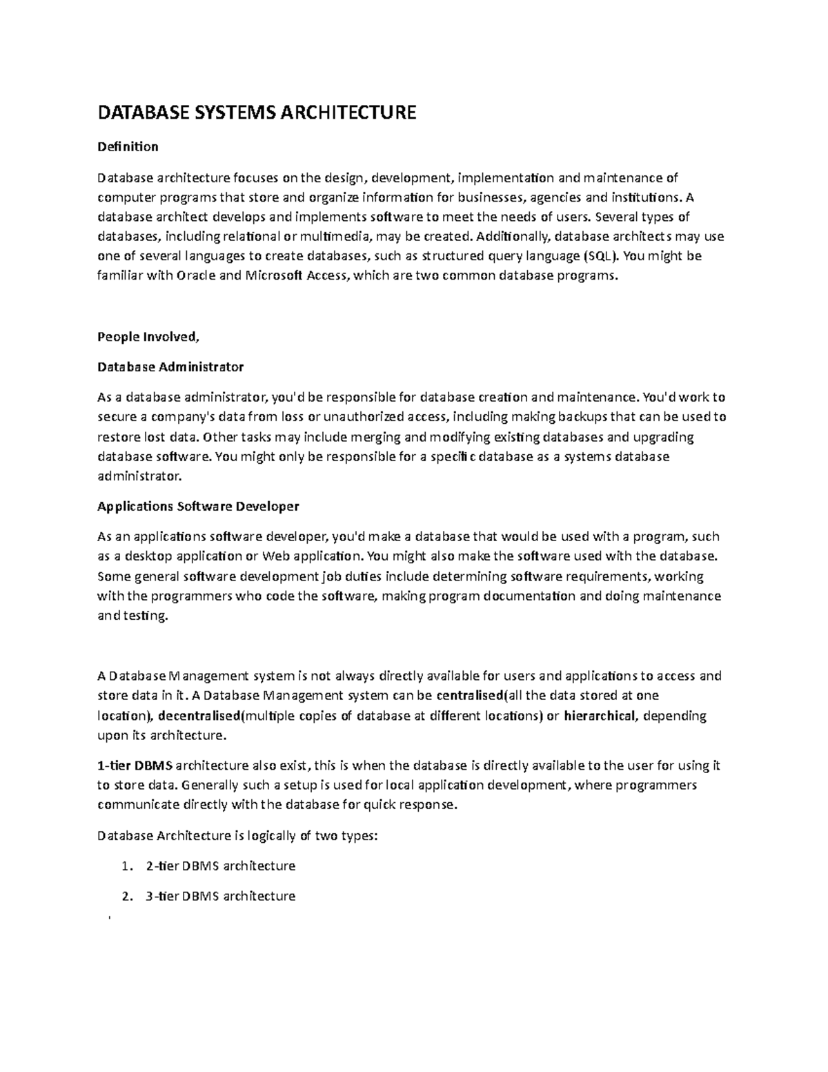 Database architecture - DATABASE SYSTEMS ARCHITECTURE Definition ...
