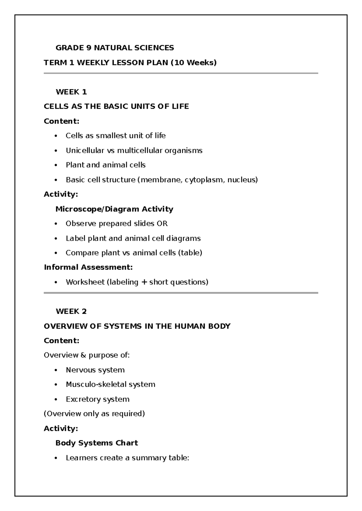 GRADE 9 NATURAL SCIENCES TERM 1 WEEKLY LESSON PLANS (10 WEEKS) - Studocu