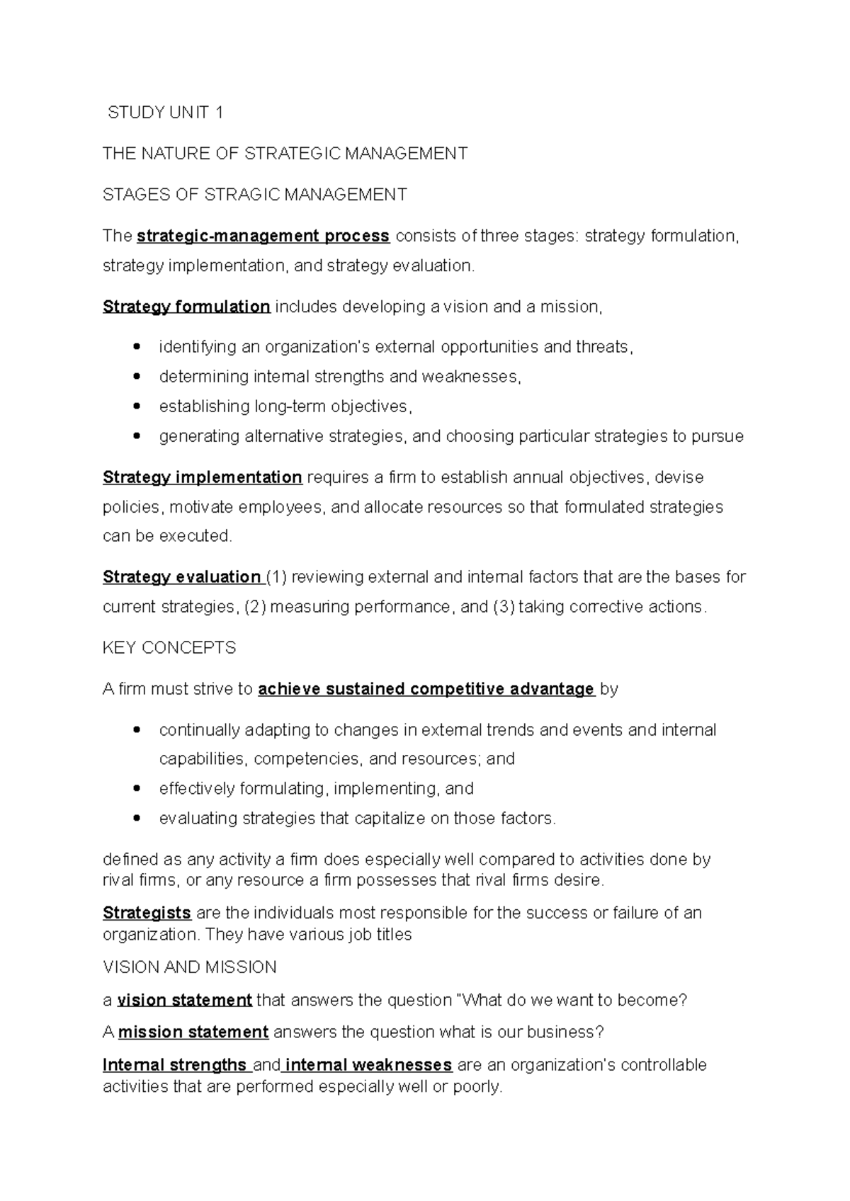 SM Notes - Summary of Strategic Management Concepts and Processes - Studocu