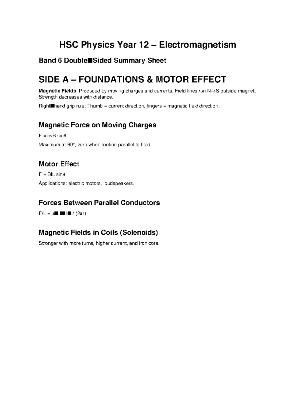HSC Physics Year 12 Electromagnetism Summary Sheet - Studocu