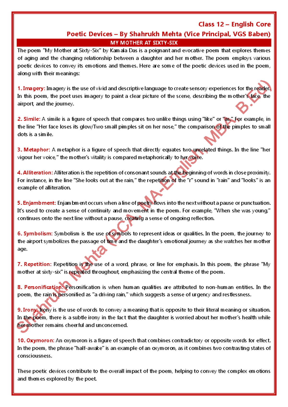 Class 12 English Core: Analysis of Poetic Devices in Key Poems - Studocu