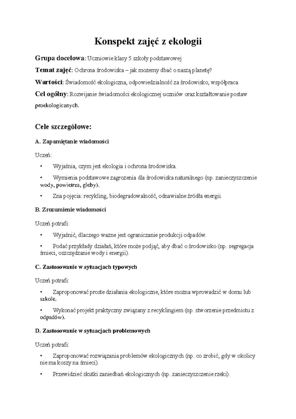 Konspekt zajęć: Ekologia i Ochrona Środowiska dla Klasy 5 - Studocu