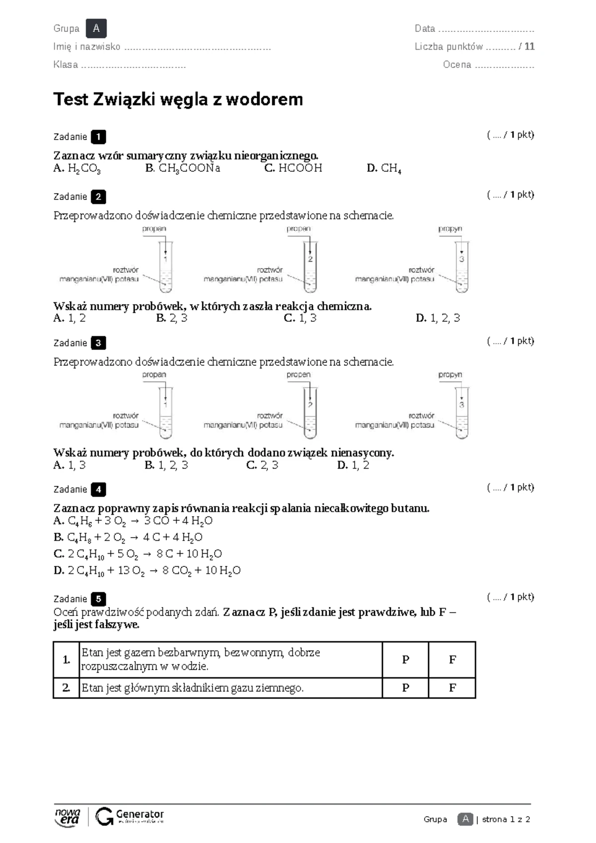Sprawdzian Zwiazki Wegla Z Wodorem