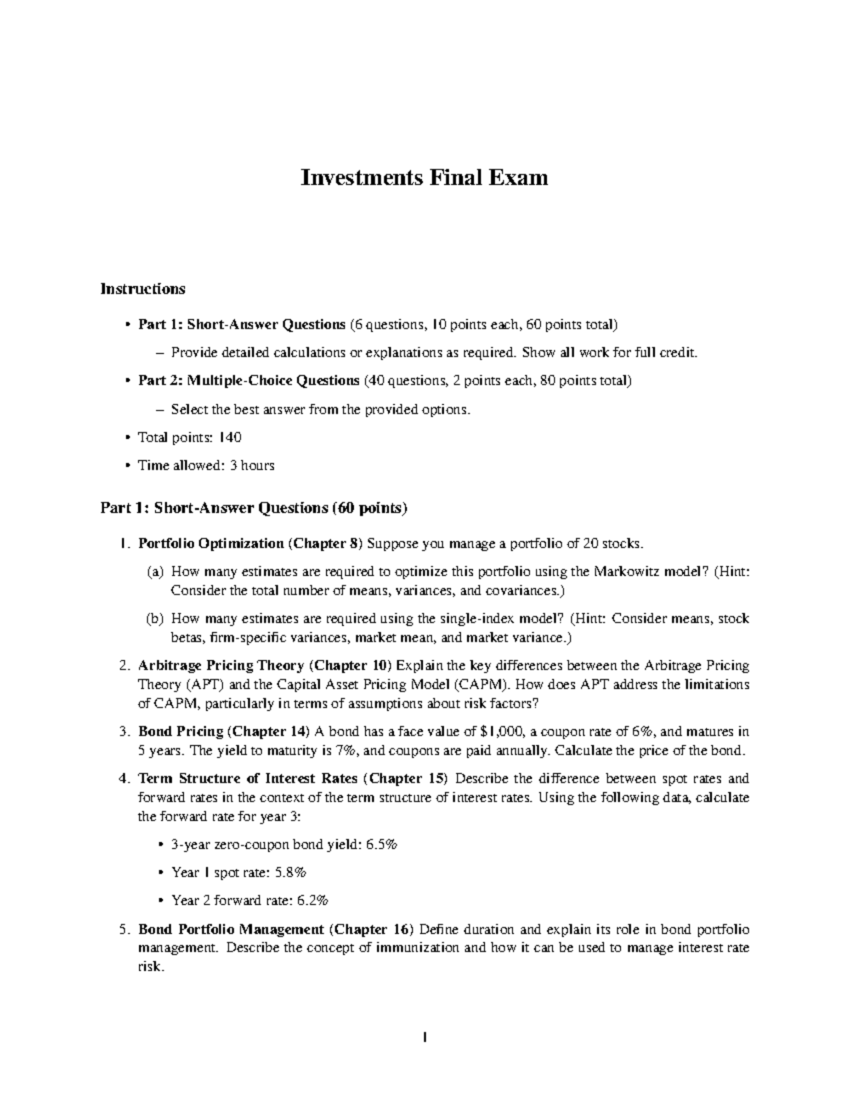 Investments FIN 101 Final Exam Instructions & Questions (140 pts) - Studocu