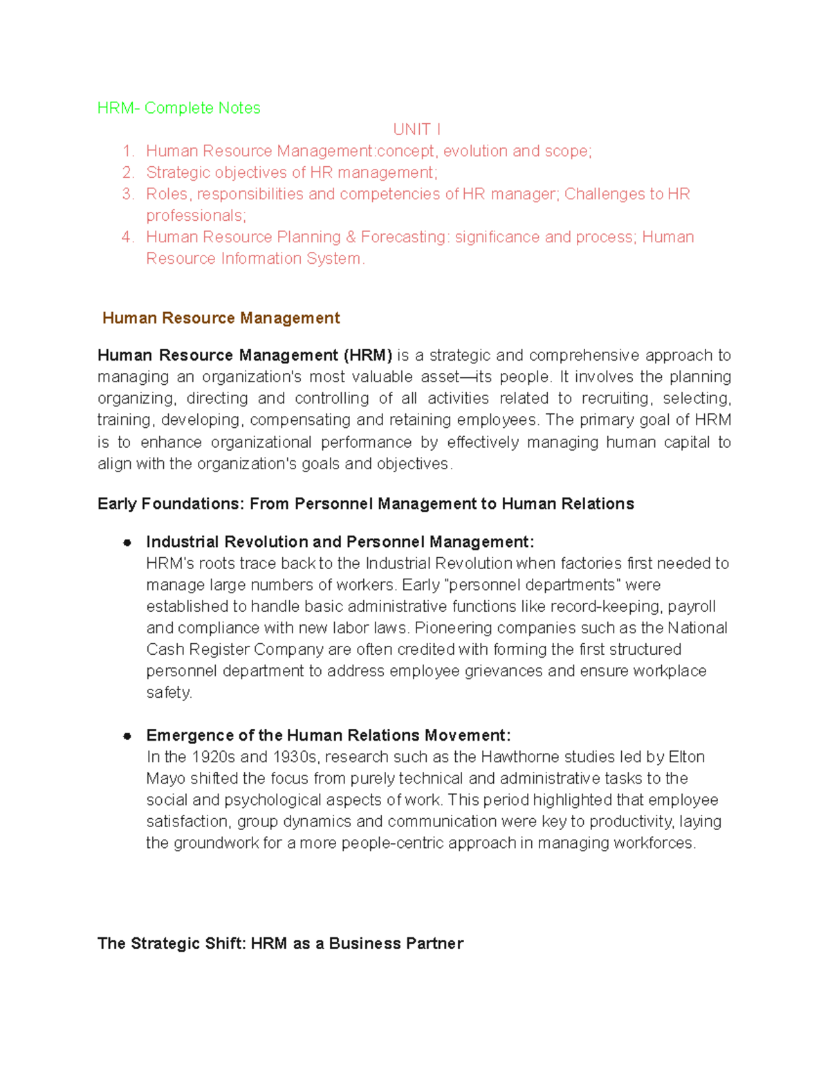 HRM CSE-1: Comprehensive Notes on Human Resource Management Concepts ...