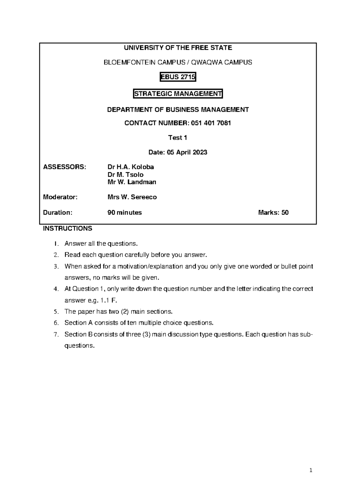 EBUS 2715 Test 1 2023: Strategic Management Memo - Studocu