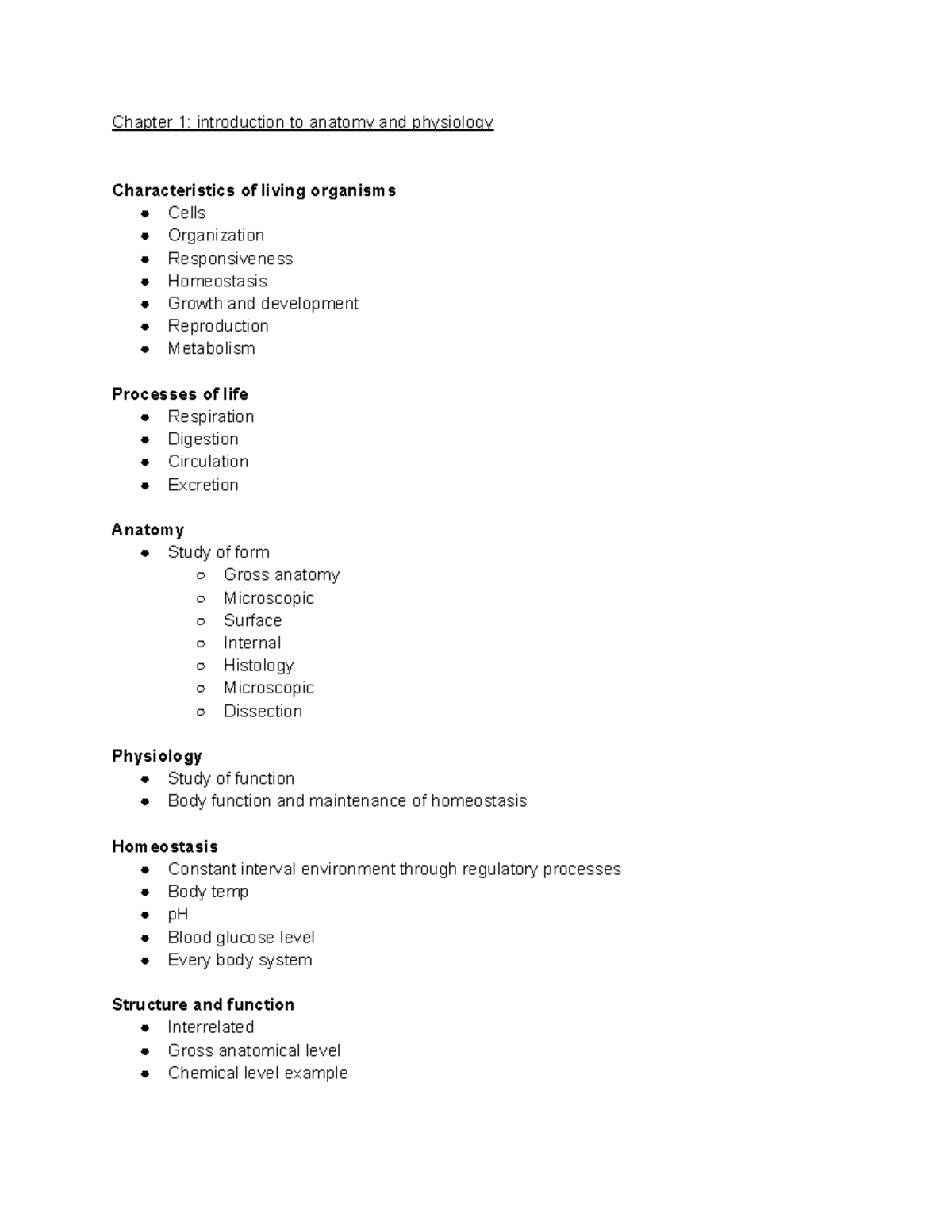 Introduction to Anatomy and Physiology - Chapter 1 Notes - Studocu