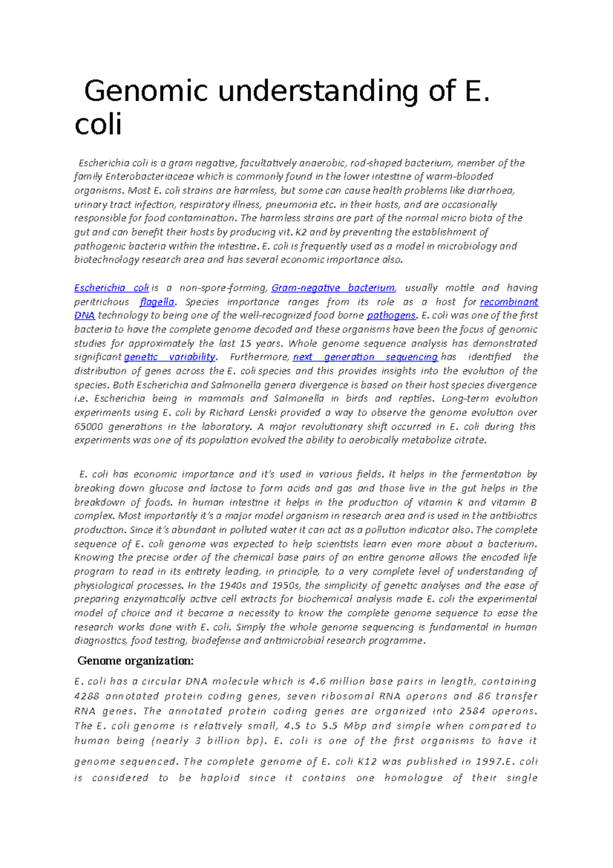 E. Coli Genome - Comprehensive Overview and Key Insights - Studocu